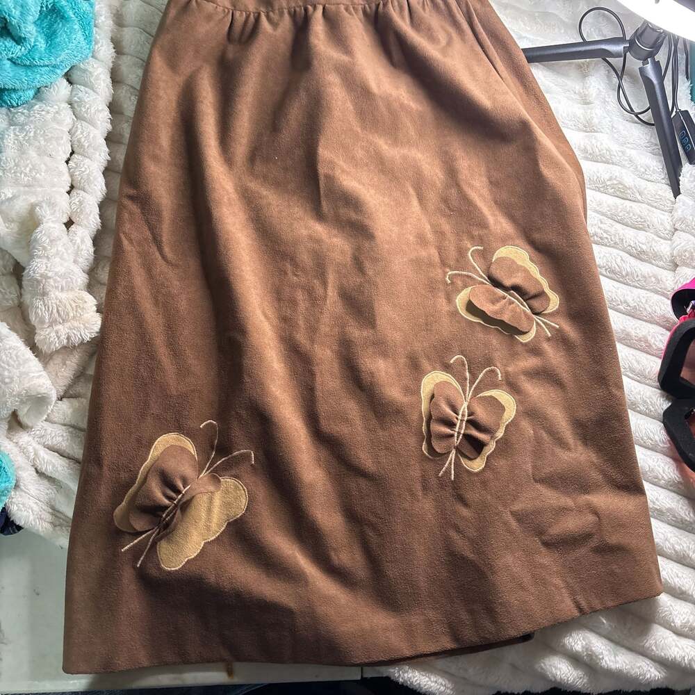 Vintage Brown Faux Suede Butterfly Appliqué Midi Skirt Size M